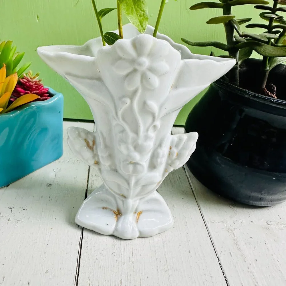 Vintage White Porcelain Floral Vase Embossed Gold Gilt Romantic Cottage Decor